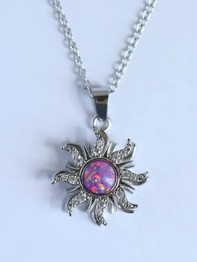 Disney tangled inspired Silver Sunburst Necklace with Pink Opal Center